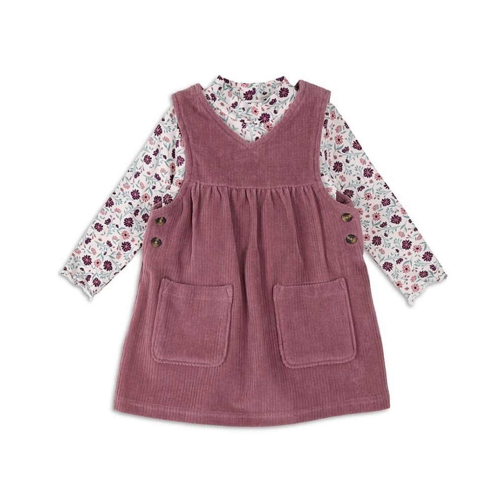 Petit Lem Corduroy Overall Dress with Floral Bodysuit